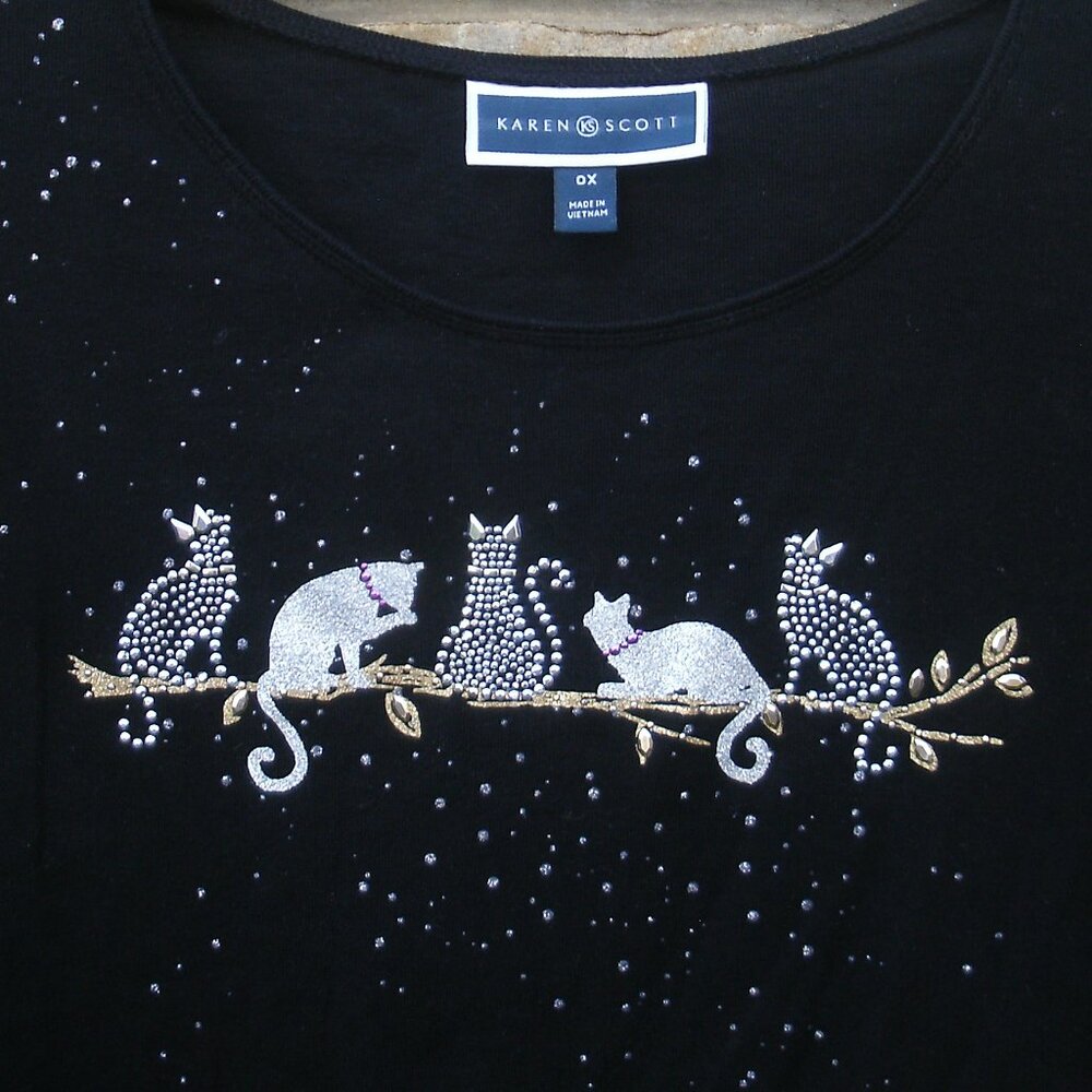 Cats on Branch Black Long Sleeve Shirt Size OX - Picture 2 of 12